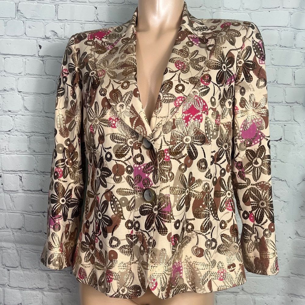 Lafayette 148 Floral Brocade 2 Button Jacket Blazer 3/4 Sleeve Sz 10